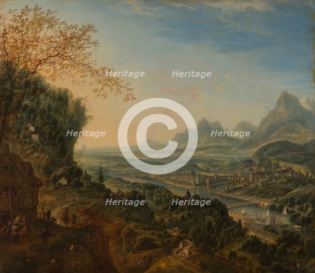 River Landscape with Rhine Motifs and Troops Passing, c1700. Creator: Jan Griffier I.