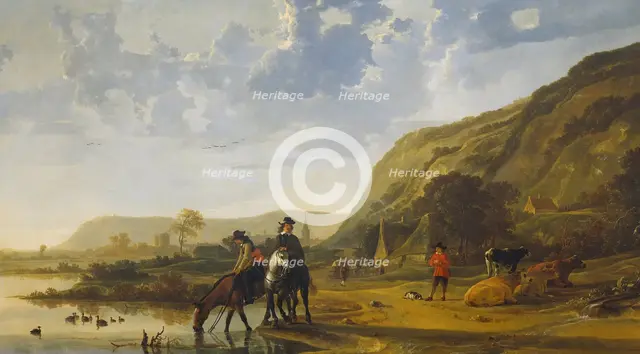River landscape with riders, 1655. Artist: Cuyp, Aelbert (1620-1691)