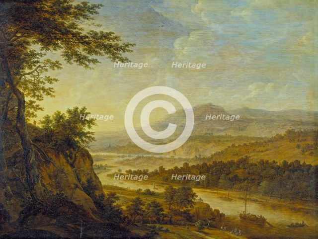 River Landscape with Rise of Cliffs, 1650. Creator: Herman Saftleven the Younger.