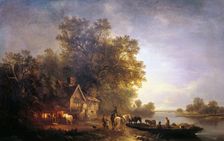 River Landscape with Rustics and Horses c1860. Creator: Edward Charles Williams
