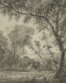 River landscape with tall tree to right. Creator: Anthonie Waterloo
