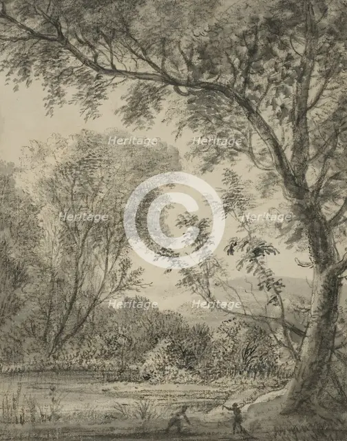 River landscape with tall tree to right. Creator: Anthonie Waterloo.