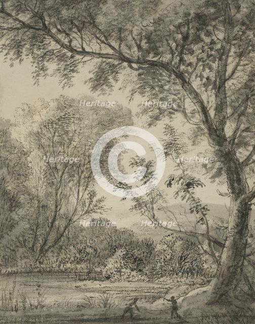 River landscape with tall tree to right. Creator: Anthonie Waterloo.