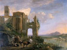River landscape with the Church of SS Giovanni e Paolo, Rome c.1630-1652. Creator: Jan Asselijin