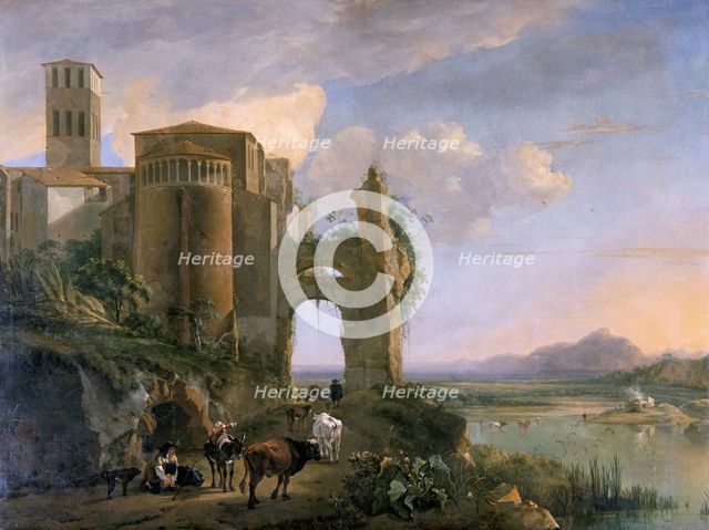 'River landscape with the Church of SS Giovanni e Paolo, Rome', c.1630-1652. Creator: Jan Asselijin.