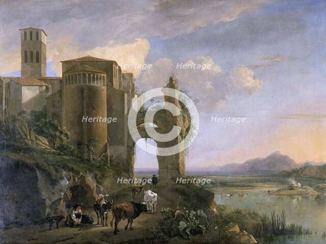 'River landscape with the Church of SS Giovanni e Paolo, Rome', c.1630-1652. Artist: Jan Asselijin