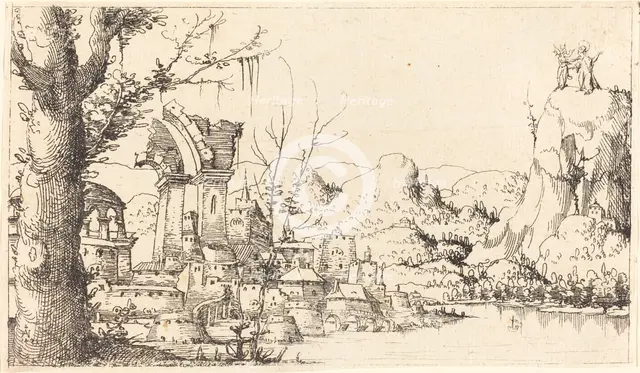 River Landscape with the Temptation of Christ, 1545. Creator: Augustin Hirschvogel.
