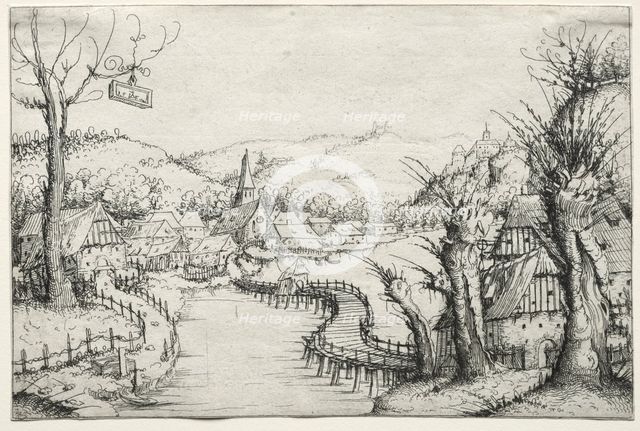 River Landscape with three bare willow-trees at right and a long winding wooden bridge..., 1546. Creator: Augustin Hirschvogel (German, 1503-1553).