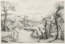 River Landscape with three bare willow-trees at right and a long winding wooden bridge..., 1546. Creator: Augustin Hirschvogel (German, 1503-1553)