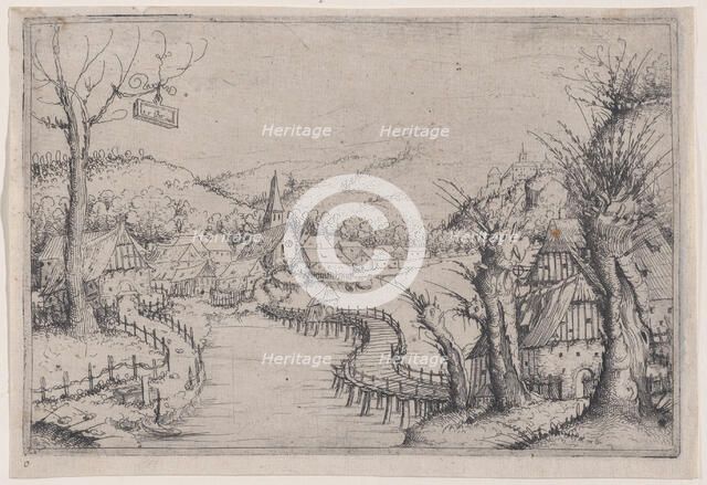 River Landscape with Three Bare Willow-Trees at Right and a Long Winding Wooden Bridge at ..., 1546. Creator: Augustin Hirschvogel.