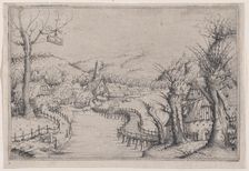 River Landscape with Three Bare Willow-Trees at Right and a Long Winding Wooden Bridge at ..., 1546. Creator: Augustin Hirschvogel