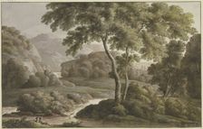 River landscape with trees and figures, late 18th century. Creator: Franz Kobell