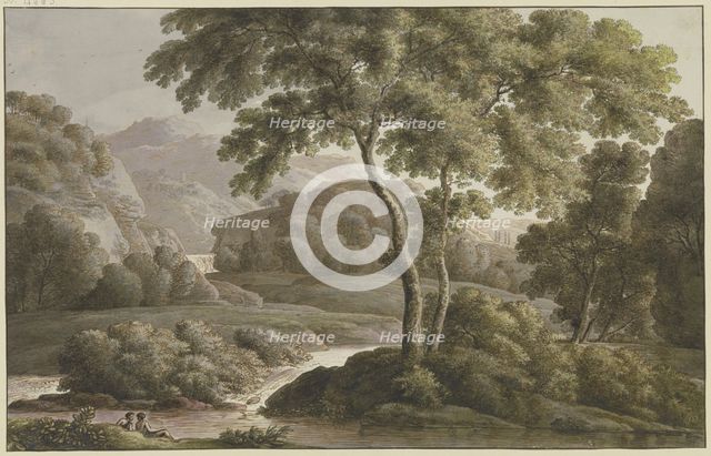 River landscape with trees and figures, late 18th century. Creator: Franz Kobell.