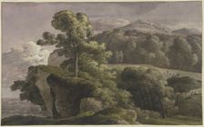 River landscape with trees and figures, late 18th century. Creator: Franz Kobell
