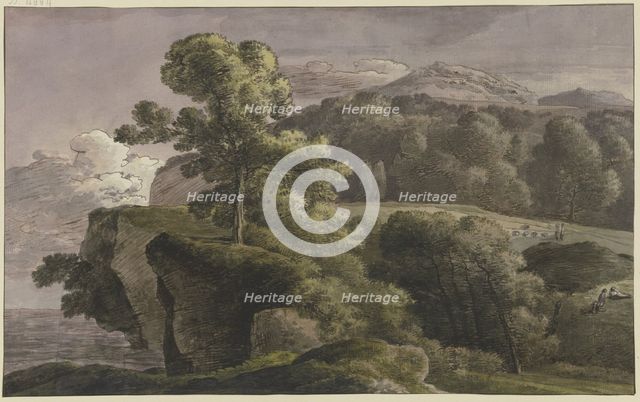 River landscape with trees and figures, late 18th century. Creator: Franz Kobell.