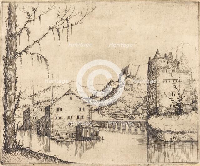 River Landscape with Two Buildings, 1545. Creator: Augustin Hirschvogel.