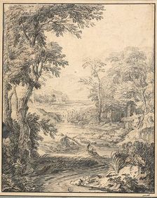 River Landscape with Two Figures in Foreground, Castle in Distance, n.d. Creator: Abraham Genoels II
