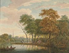 River landscape with two riders, after 1776. Creator: Aert Schouman