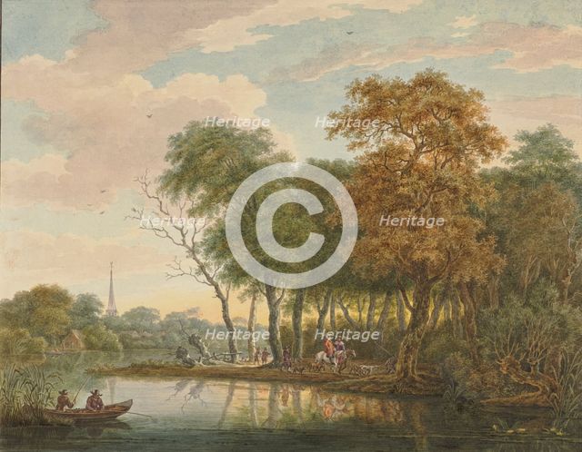 River landscape with two riders, after 1776. Creator: Aert Schouman.