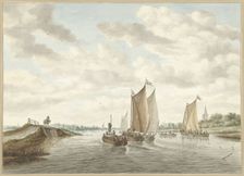River landscape with various barges, 1741-1820. Creator: Abraham Delfos