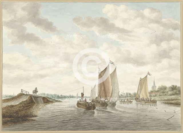 River landscape with various barges, 1741-1820. Creator: Abraham Delfos.