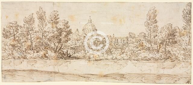 River Landscape with View of St. Peter's Basilica, after 1660. Creator: Giovanni Francesco Grimaldi (Italian, 1606-1680), circle of.