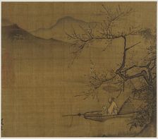 River landscape:a man reading in a boat moored under a blossoming tree, Ming dynasty,1368-1644. Creator: Unknown