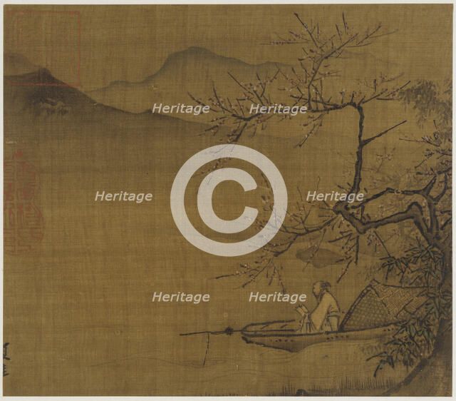 River landscape:a man reading in a boat moored under a blossoming tree, Ming dynasty,1368-1644. Creator: Unknown.