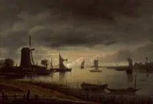 River Scene with Windmill and Boats, Evening, c. 1645. Creator: Anthonie van Borssom