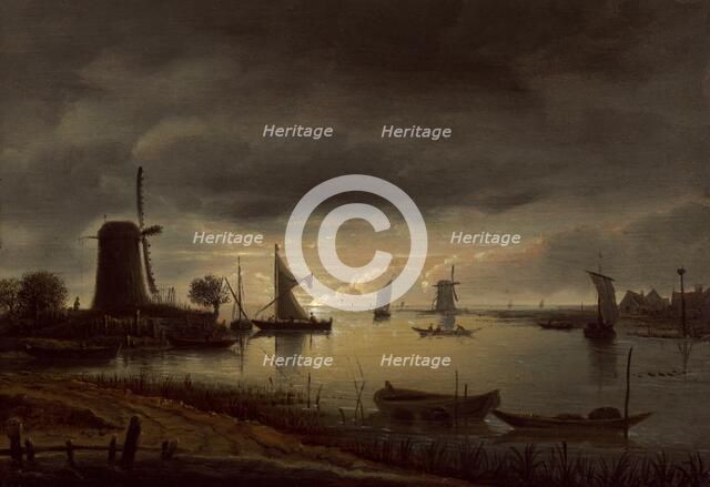 River Scene with Windmill and Boats, Evening, c. 1645. Creator: Anthonie van Borssom.