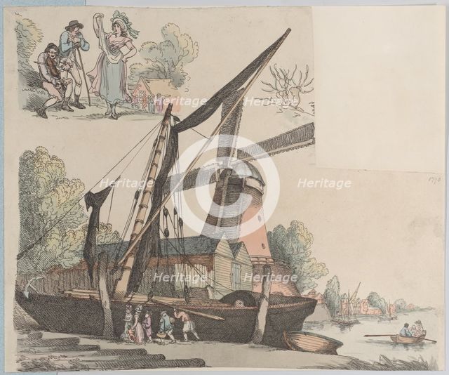 River Scene with Windmill (from Plate 9, Outlines of Figures, Landscapes and C..., January 20, 1791. Creator: Thomas Rowlandson.