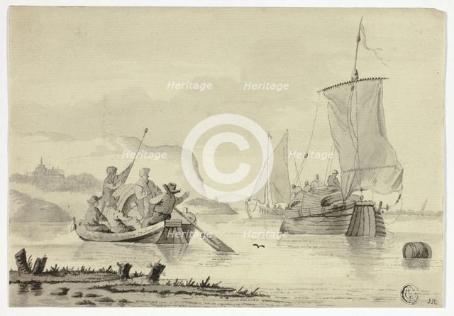 River Scene with Boats, 17th century. Creator: Willem van de Velde the Younger.