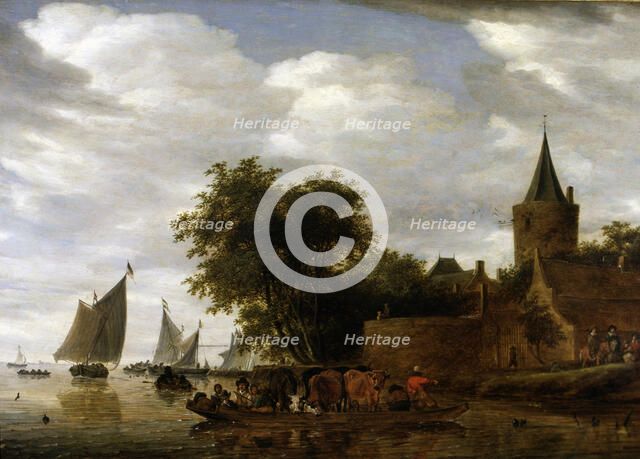  'River Scene with Ferry', 1664 by Salomon Ruisdael.
