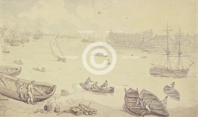 River with many ships and a shipyard, late 18th century. Creator: Thomas Rowlandson.