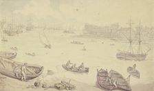 River with many ships and a shipyard, late 18th century. Creator: Thomas Rowlandson