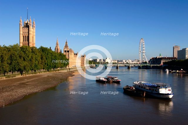 River Thames, Houses of Parliament and The London Eye, London. Creator: Peter Thompson.