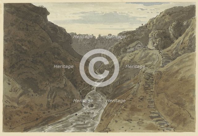 River valley and mountain road leading to two houses, 1777-1842. Creator: George Barret the Younger.