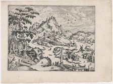 River Valley with Obelisk, ca. 1570., ca. 1570. Creators: Anon, Lucas Gassel