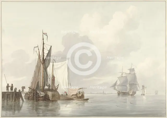 River view with moored ships, 1780-1848. Creator: Martinus Schouman.