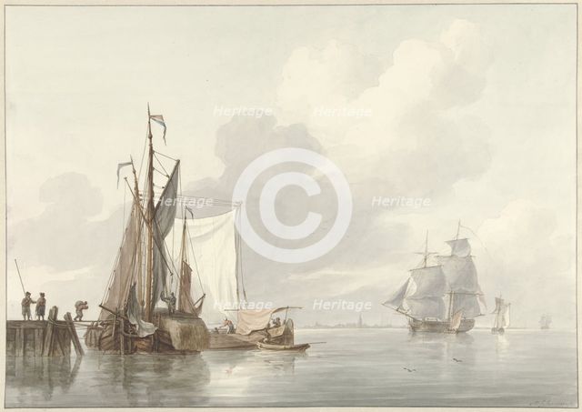 River view with moored ships, 1780-1848. Creator: Martinus Schouman.