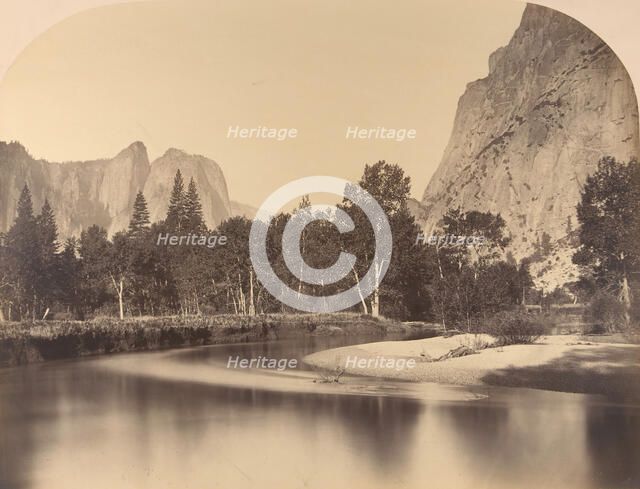 River View, Down the Valley, Cathedral Rock on Left, 1861, Yosemite. Creator: Carleton Emmons Watkins.