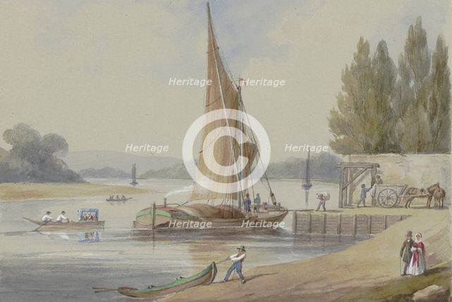 Riverbank with sailing ships, 19th century. Creator: Unknown.