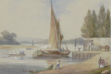 Riverbank with sailing ships, 19th century. Creator: Unknown