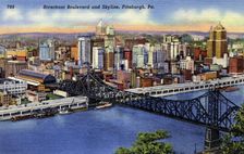 Riverfront Boulevard and city skyline, Pittsburgh, Pennsylvania, USA, 1940