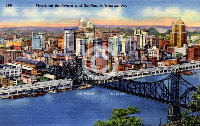 Riverfront Boulevard and city skyline, Pittsburgh, Pennsylvania, USA, 1940. Artist: Unknown