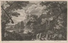 Riverscape with Fishermen by a Fortified Town, 1600/1615. Creators: Aegidius Sadeler II, Pieter Stevens