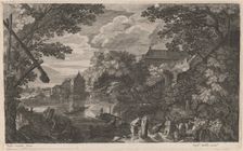 Riverscape with Fishermen by a Fortified Town, 1600/1615. Creators: Aegidius Sadeler II, Pieter Stevens