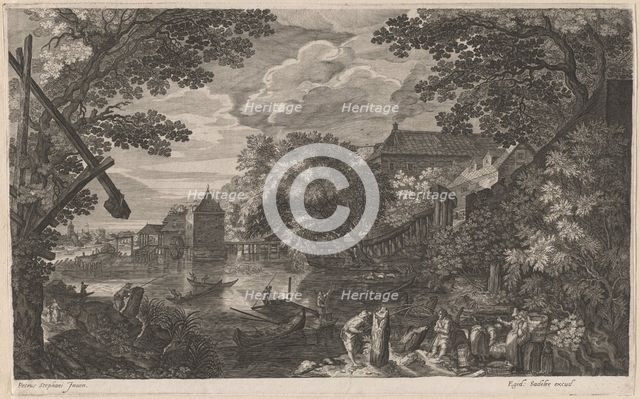 Riverscape with Fishermen by a Fortified Town, 1600/1615. Creators: Aegidius Sadeler II, Pieter Stevens.