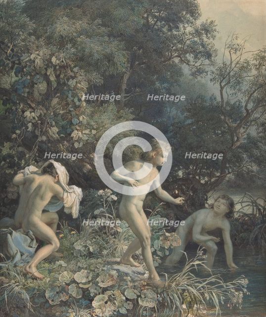 Riverside with Three Bathing Boys, 19th century. Creator: Christian Friedrich Gille.