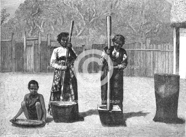 'Rice-Pounding; A Birds-eye View of Madagascar', 1875. Creator: M.D Charnay.